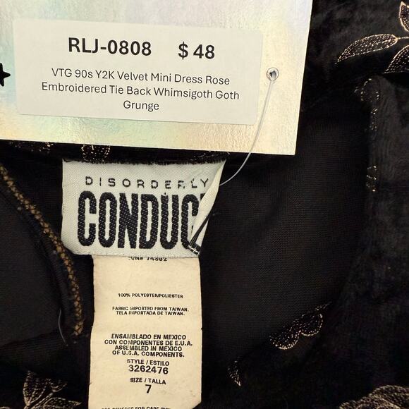 VTG 90s Y2K Velvet Mini Dress Rose Embroidered Tie Back Whimsigoth Goth Grunge - Picture 5 of 6